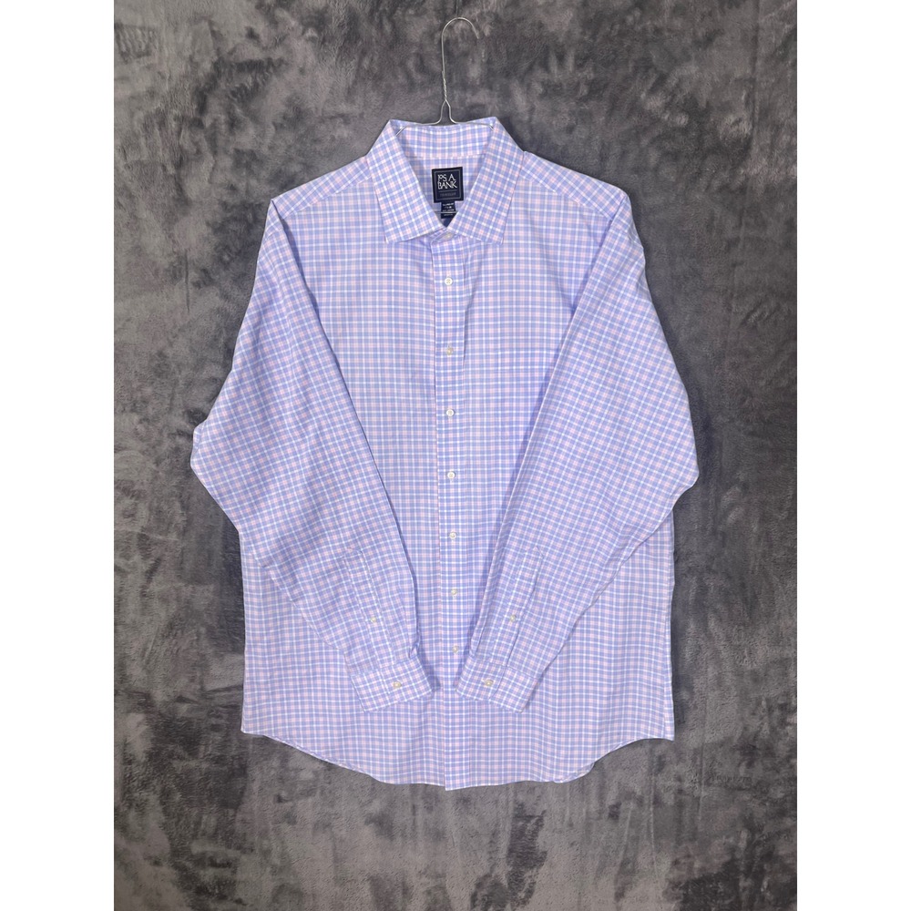 Jos A Bank Traveler Mens 17.5 36 Tailored Fit Blue Pink Plaid Cotton Dress Shirt